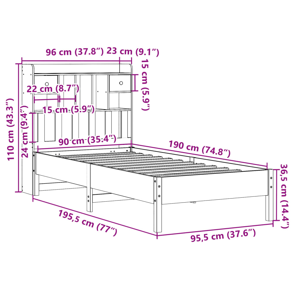 vidaXL Cama con estantería sin colchón madera maciza de pino 90x190 cm