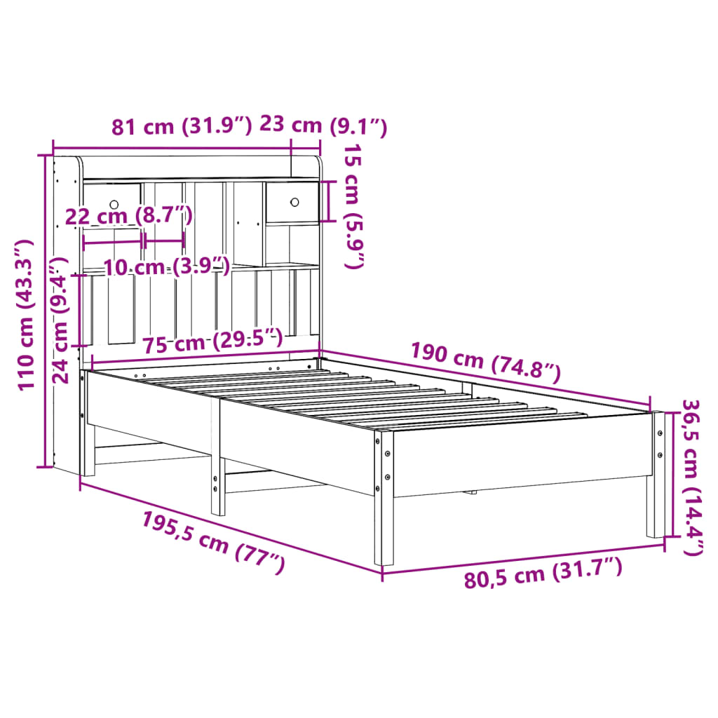 vidaXL Cama con estantería sin colchón madera maciza marrón 75x190 cm