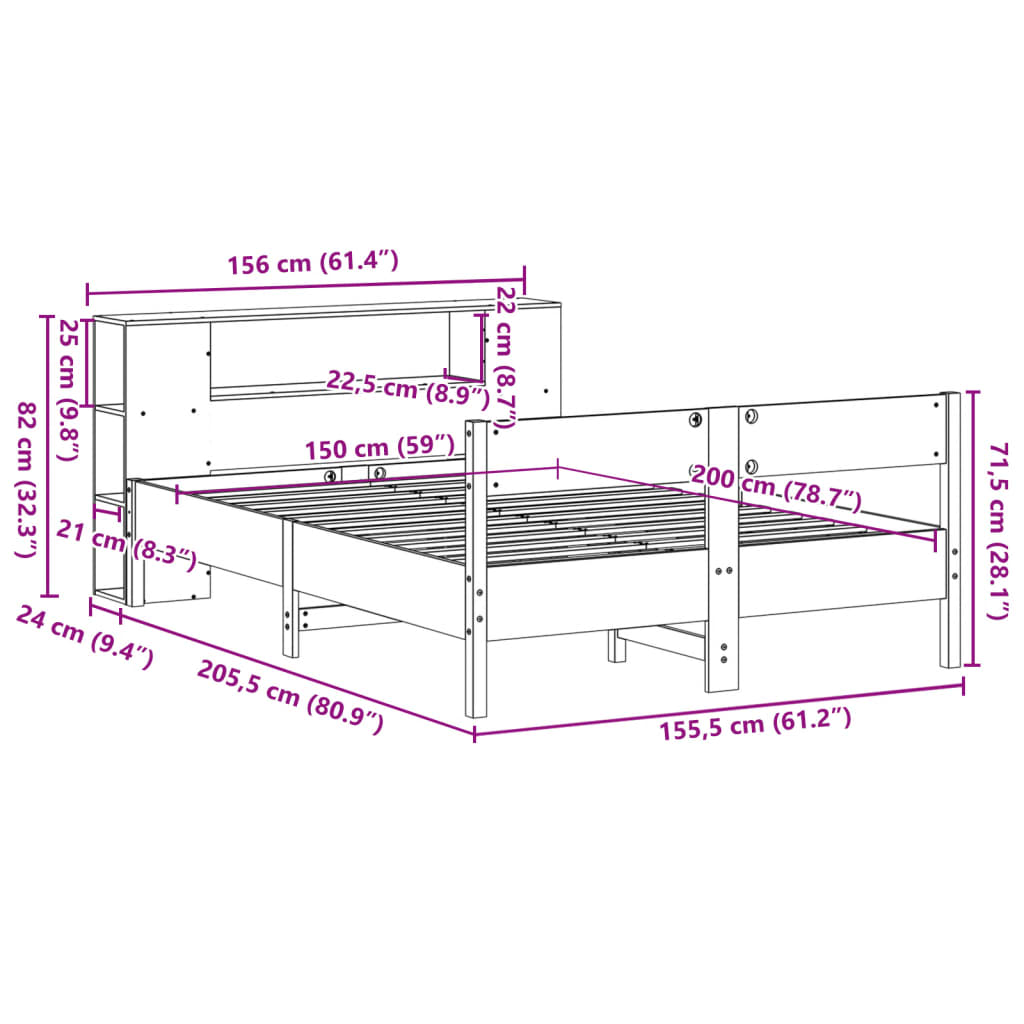 vidaXL Cama con estantería sin colchón madera maciza marrón 150x200 cm