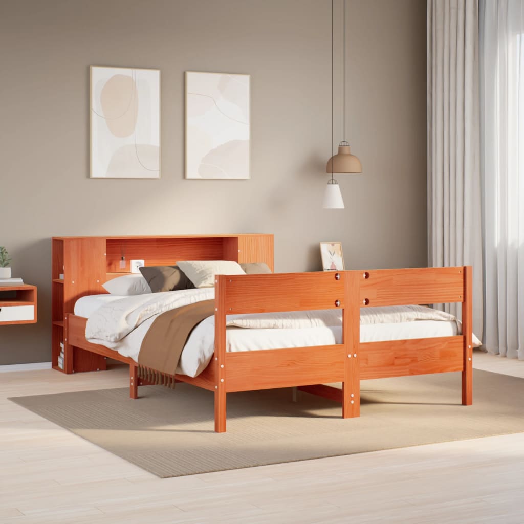 vidaXL Cama con estantería sin colchón madera maciza marrón 150x200 cm