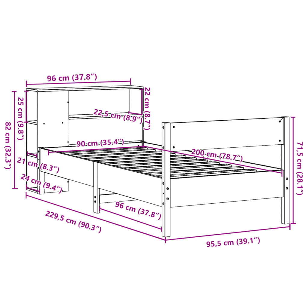 vidaXL Sofá con estantería sin colchón madera maciza marrón 90x200 cm