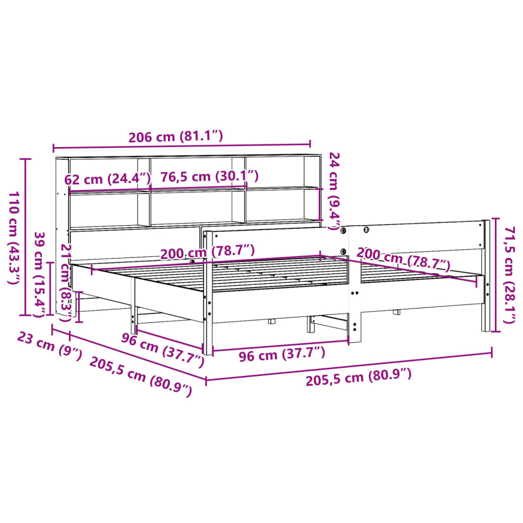 vidaXL Cama con estantería sin colchón madera maciza marrón 200x200 cm