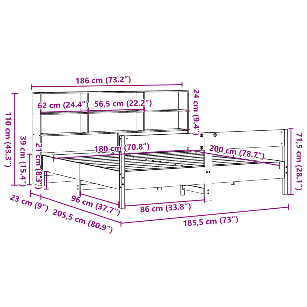 vidaXL Cama con estantería sin colchón madera maciza blanca 180x200 cm