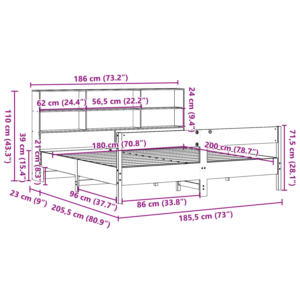 vidaXL Cama con estantería sin colchón madera maciza marrón 180x200cm