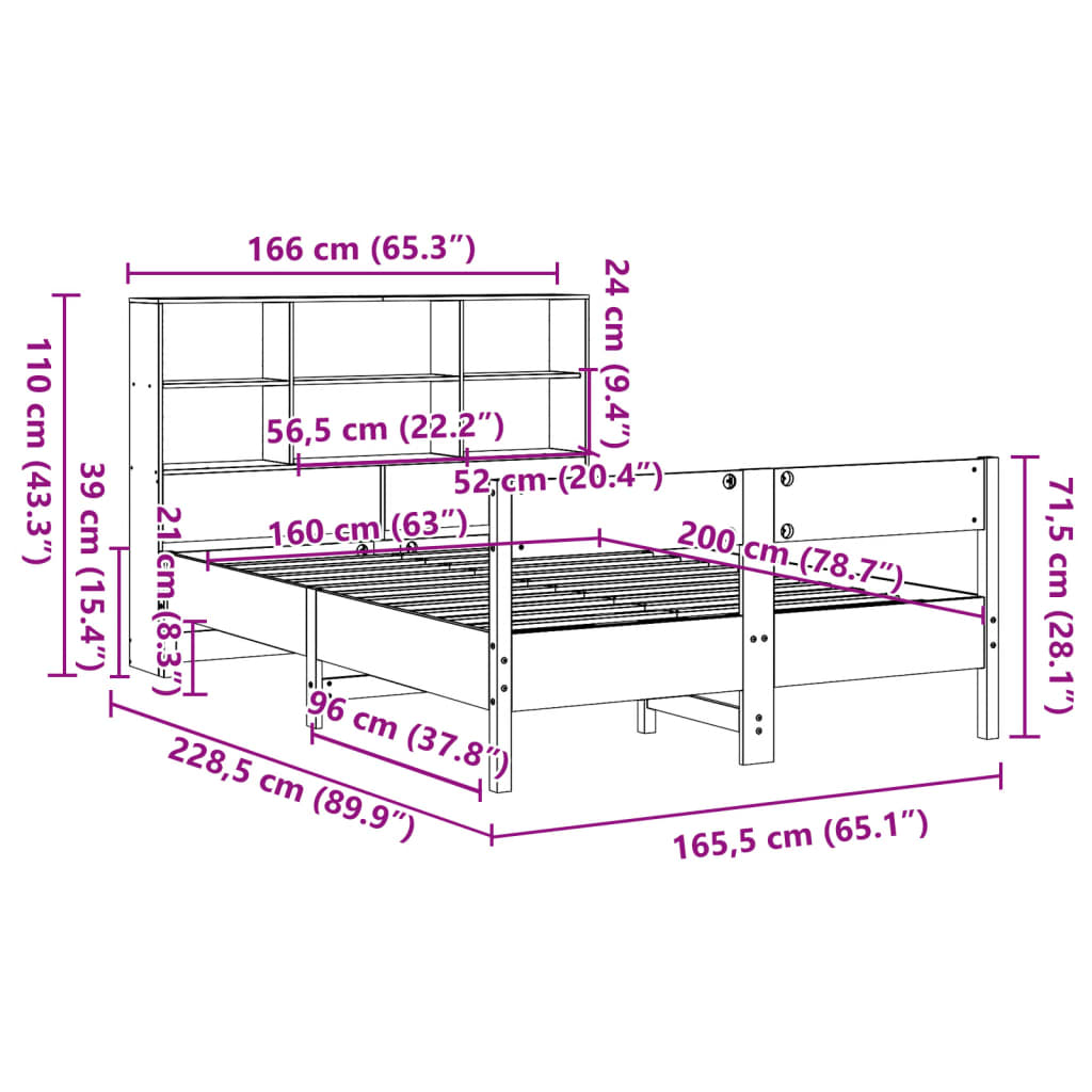 vidaXL Cama con estantería sin colchón madera maciza blanca 160x200 cm