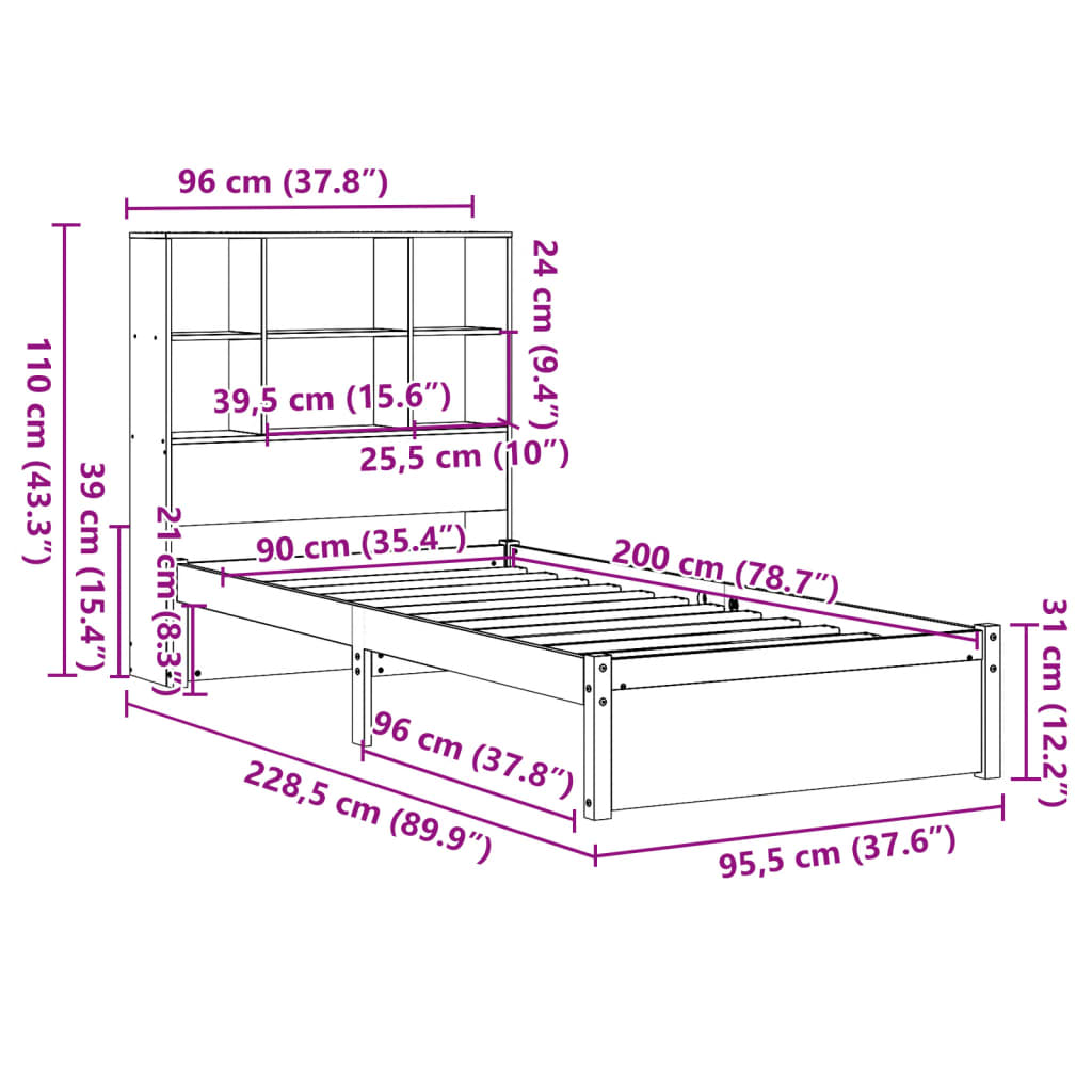 vidaXL Sofá con estantería sin colchón madera maciza marrón 90x200 cm