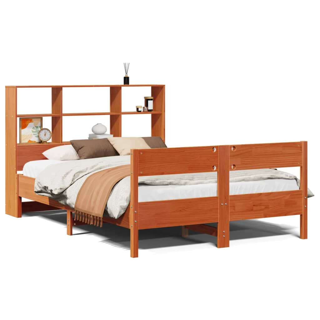 vidaXL Cama con estantería sin colchón madera maciza marrón 140x190 cm