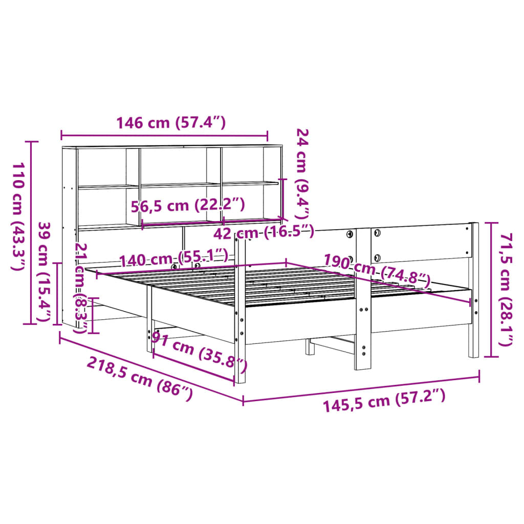 vidaXL Cama con estantería sin colchón madera maciza marrón 140x190 cm