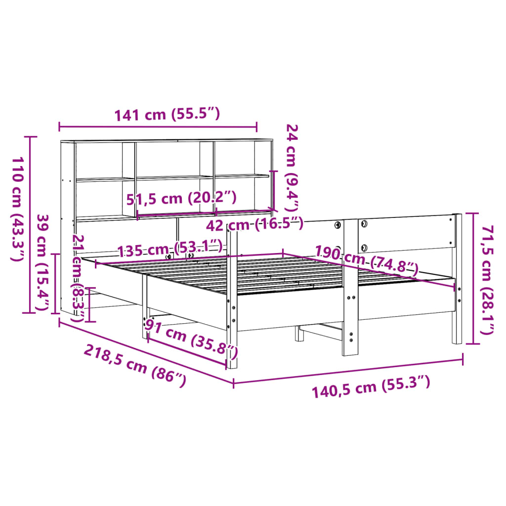 vidaXL Cama con estantería sin colchón madera maciza blanca 135x190 cm