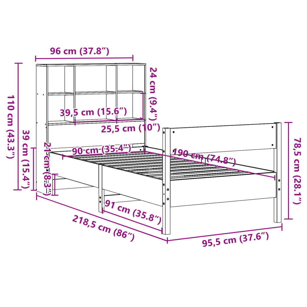 vidaXL Cama con estantería sin colchón madera maciza marrón 90x190 cm