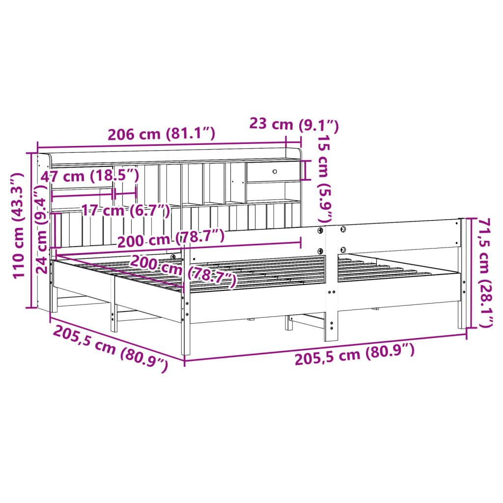 vidaXL Cama con estantería sin colchón madera maciza blanca 200x200 cm