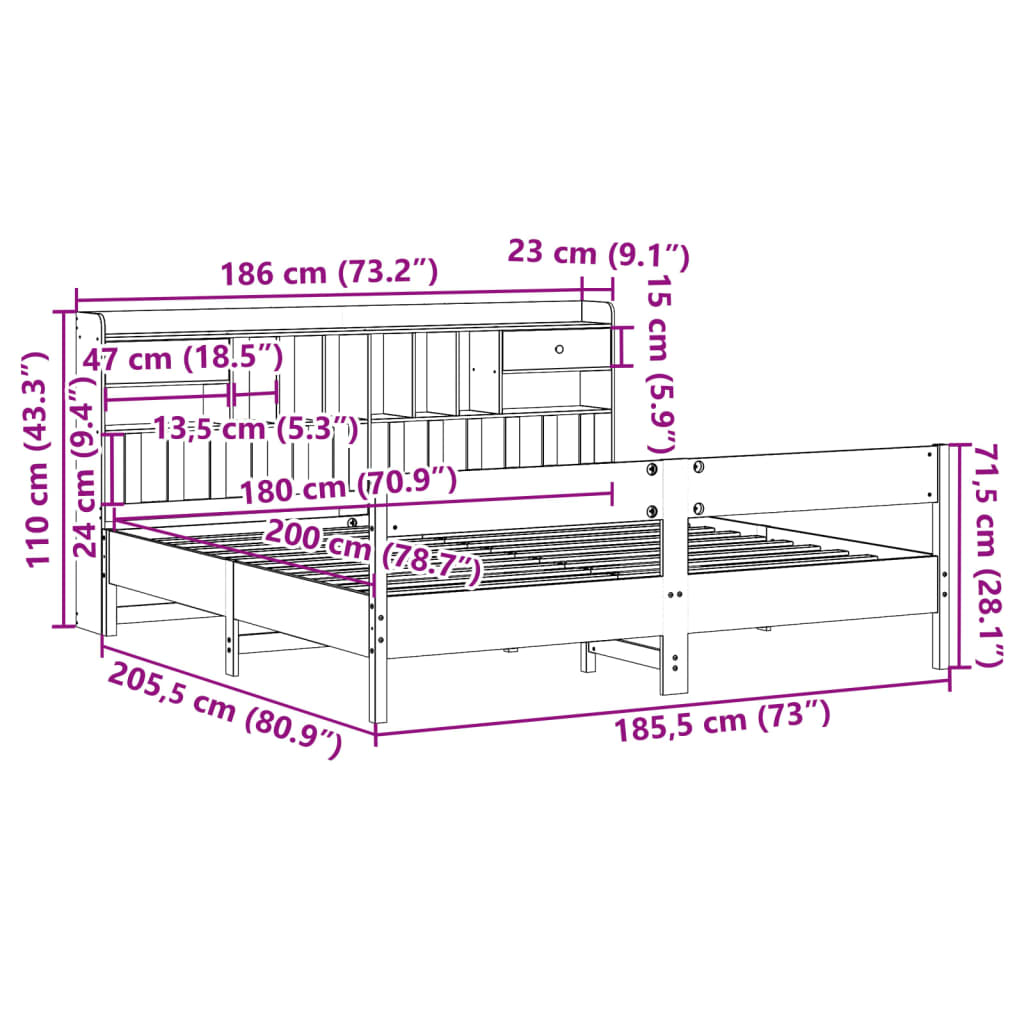 vidaXL Cama con estantería sin colchón madera maciza marrón 180x200cm