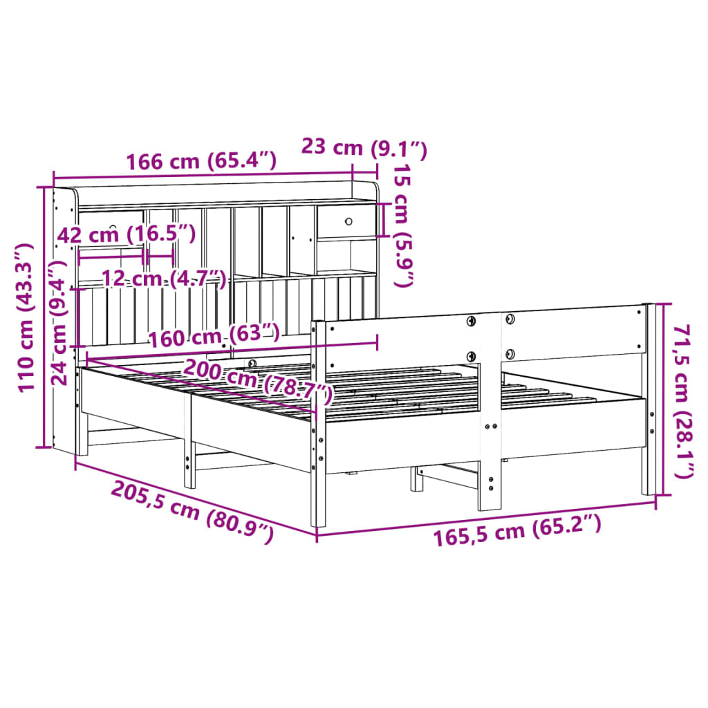 vidaXL Cama con estantería sin colchón madera maciza de pino 160x200cm