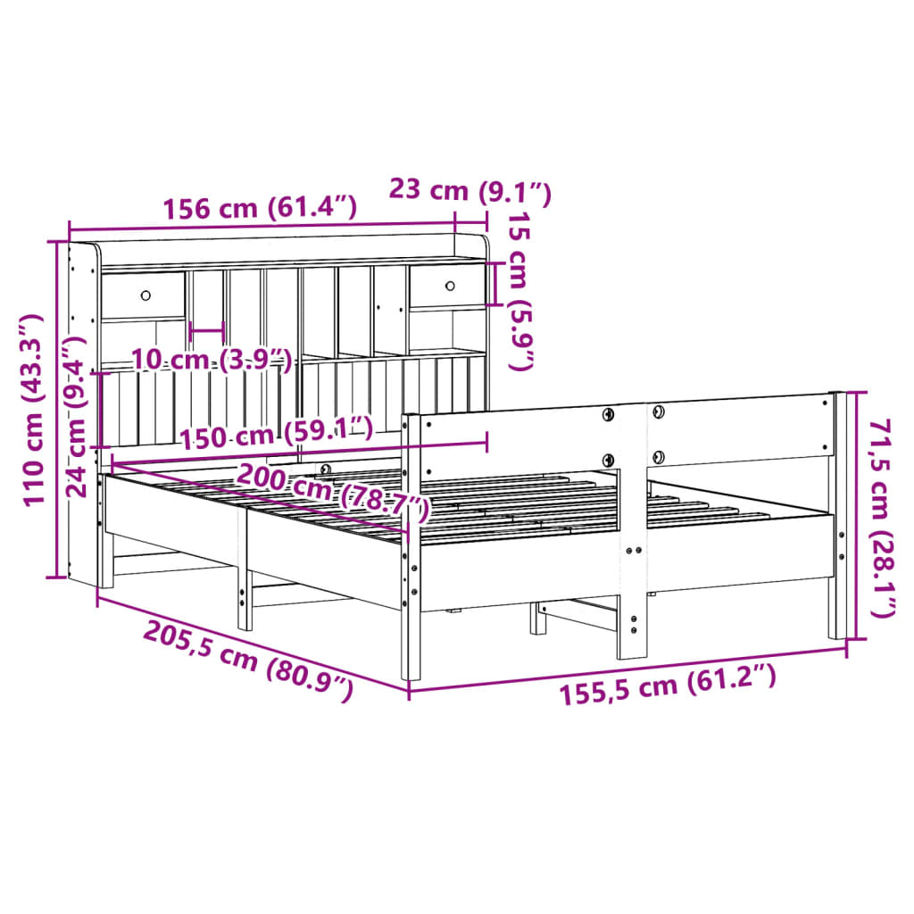 vidaXL Cama con estantería sin colchón madera maciza marrón 150x200 cm