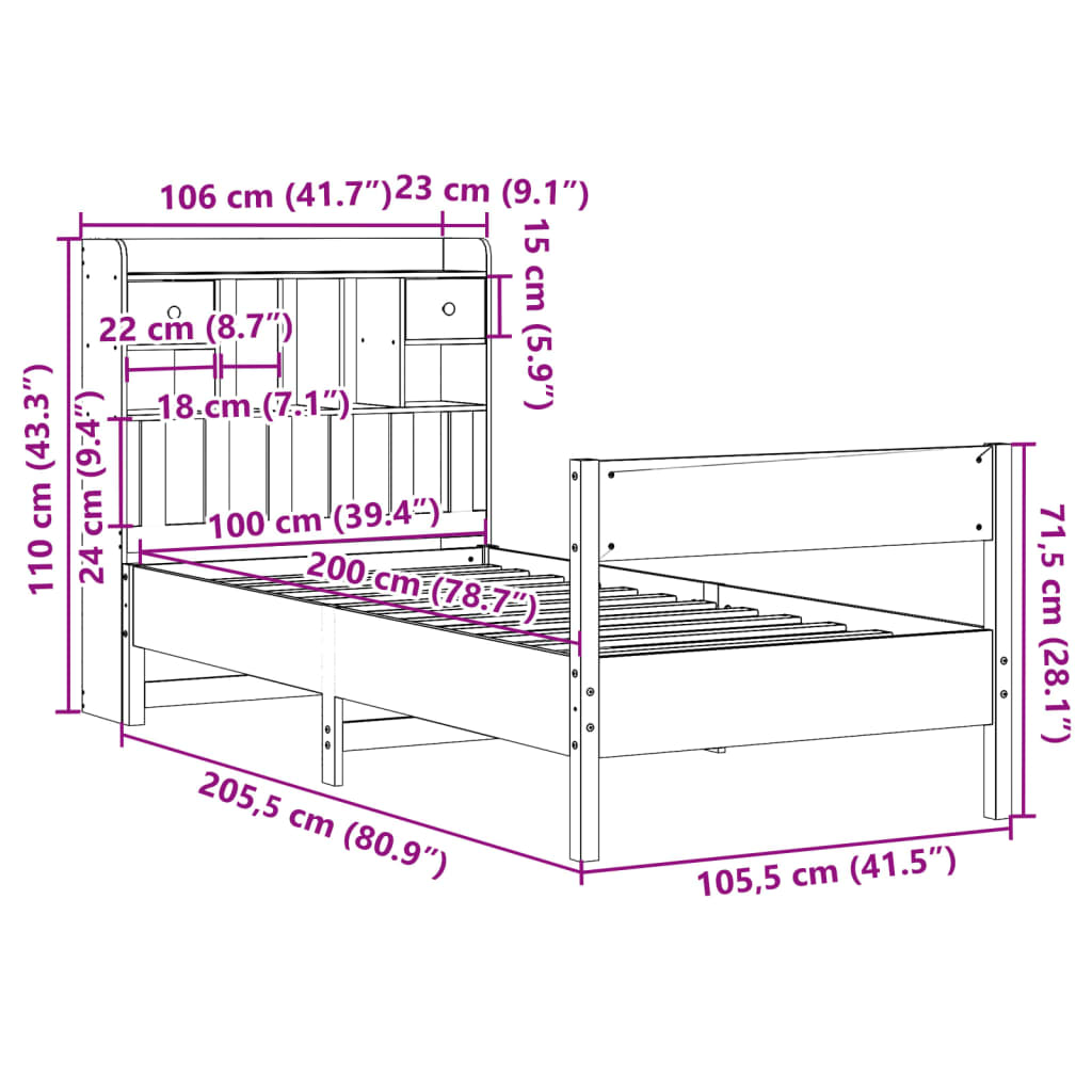 vidaXL Cama con estantería sin colchón madera maciza blanca 100x200 cm