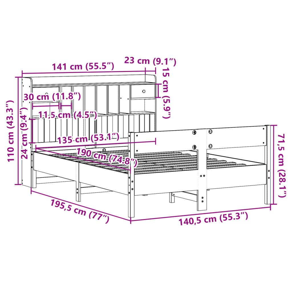 vidaXL Cama con estantería sin colchón madera maciza marrón 135x190cm