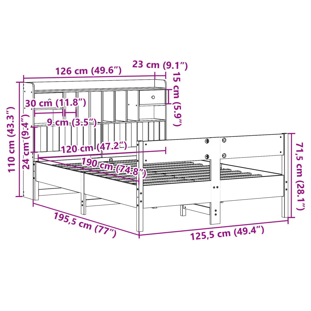 vidaXL Cama con estantería sin colchón madera maciza marrón 120x190 cm