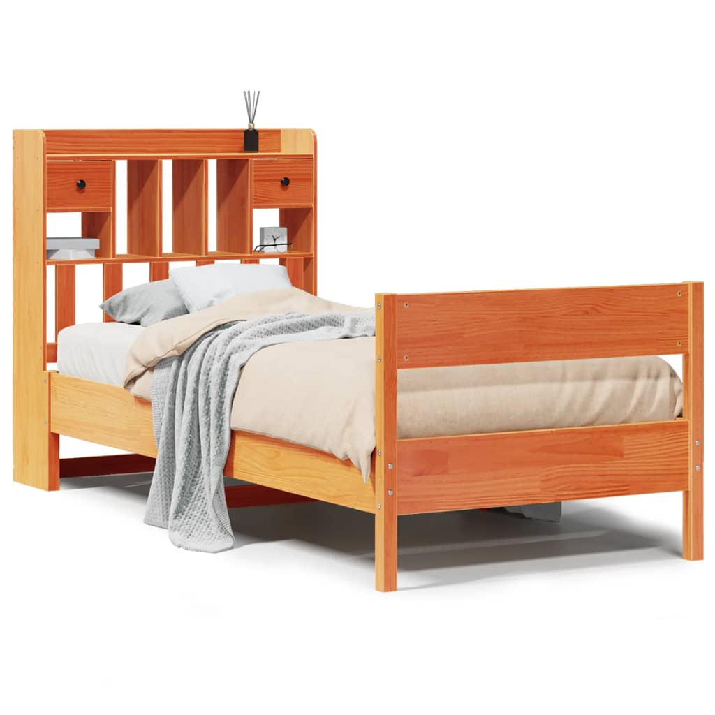 vidaXL Cama con estantería sin colchón madera maciza marrón 75x190 cm