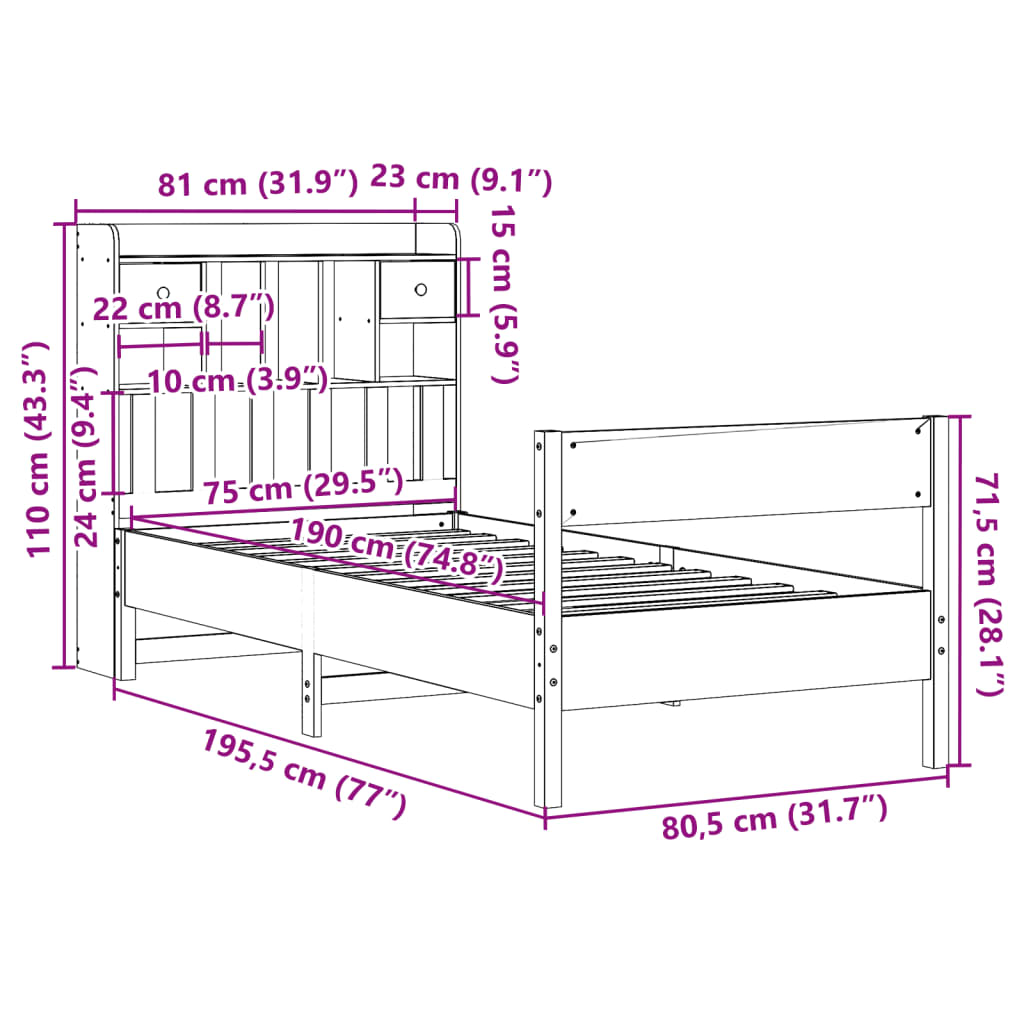 vidaXL Cama con estantería sin colchón madera maciza marrón 75x190 cm