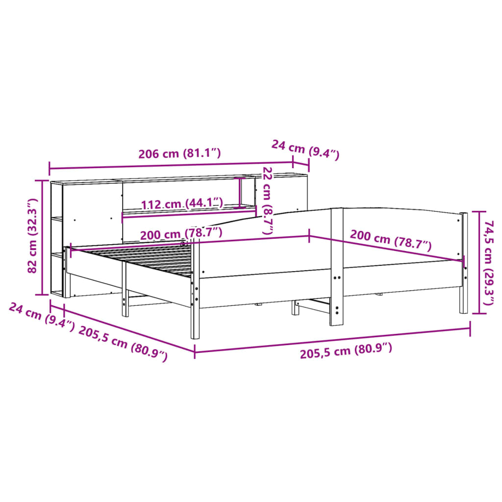 vidaXL Cama con estantería sin colchón madera maciza marrón 200x200 cm