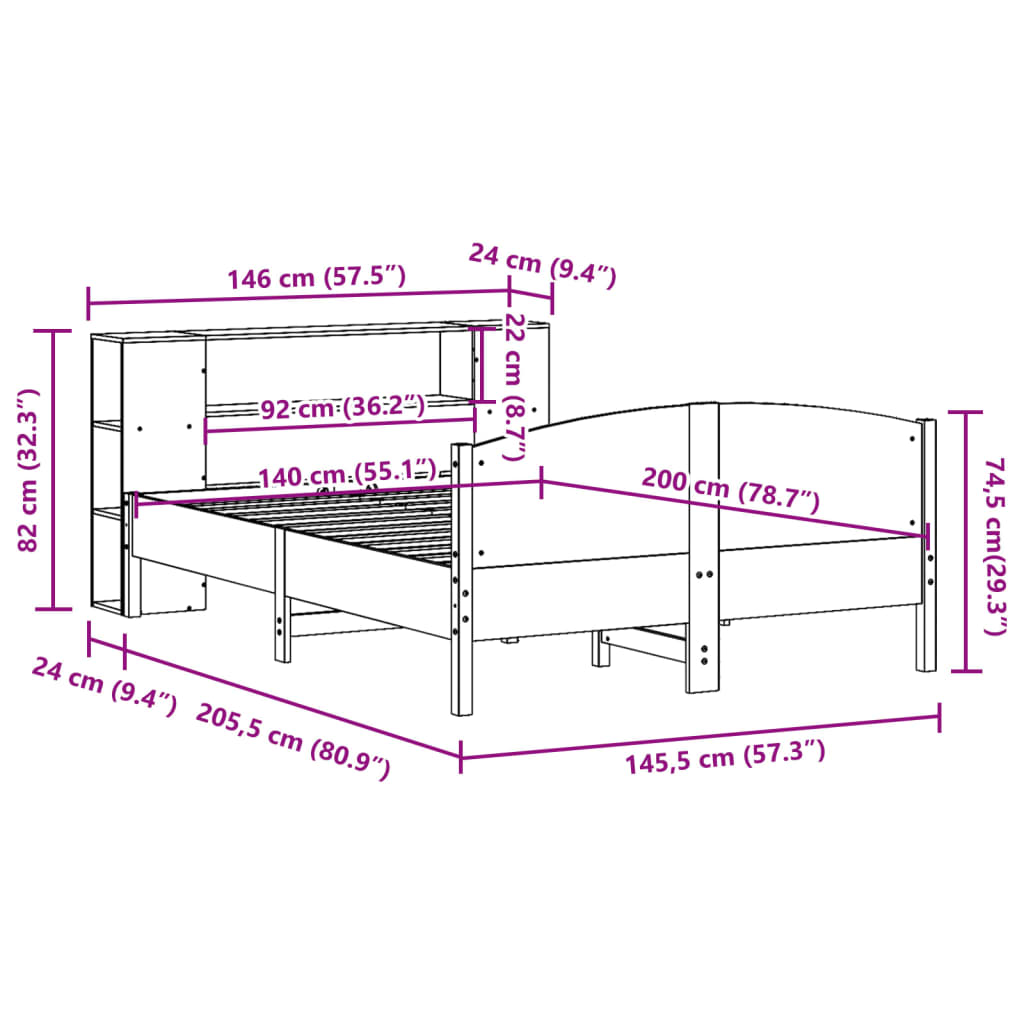 vidaXL Cama con estantería sin colchón madera maciza marrón 140x200 cm