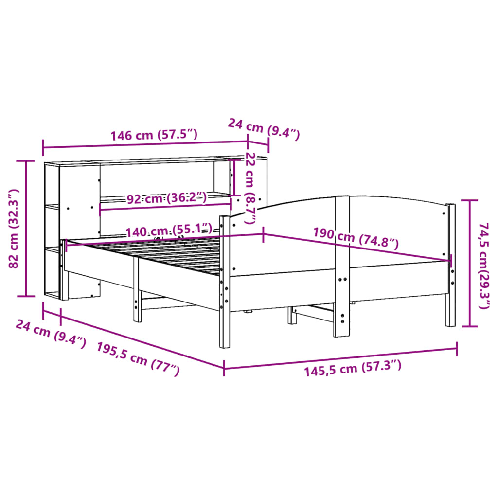 vidaXL Cama con estantería sin colchón madera maciza marrón 140x190 cm