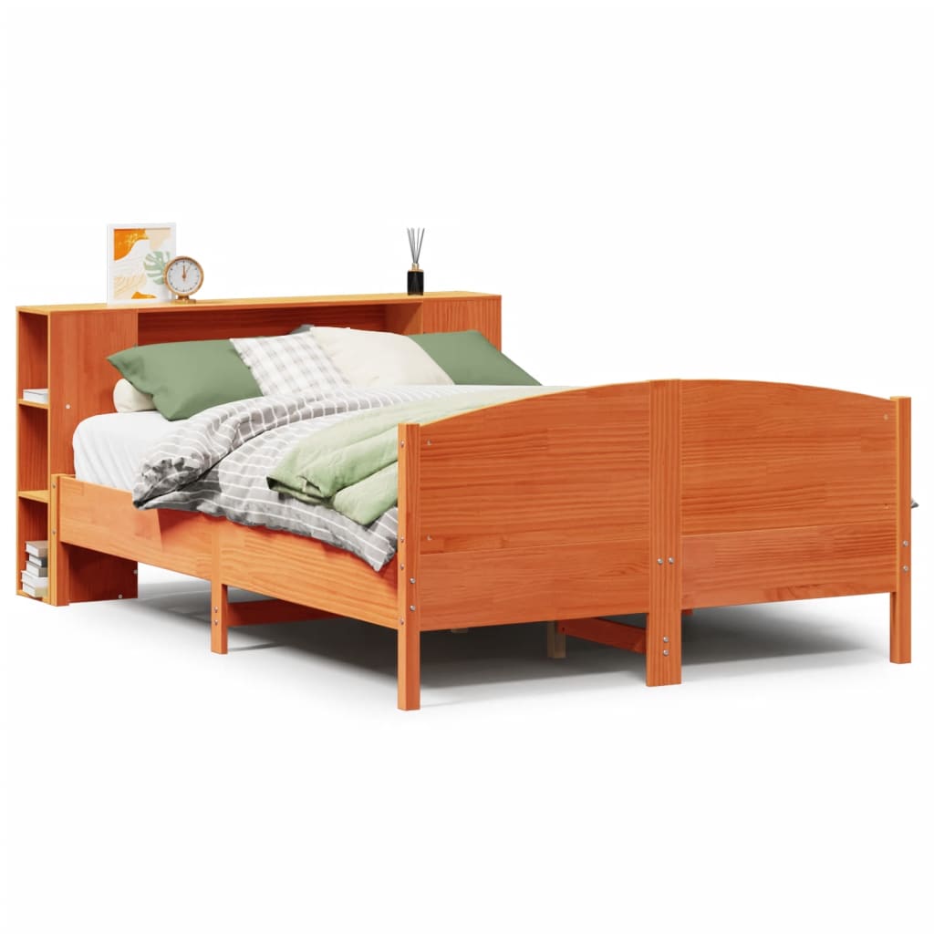 vidaXL Cama con estantería sin colchón madera maciza marrón 135x190cm