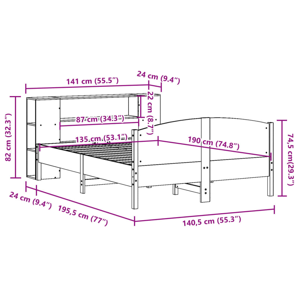 vidaXL Cama con estantería sin colchón madera maciza marrón 135x190cm