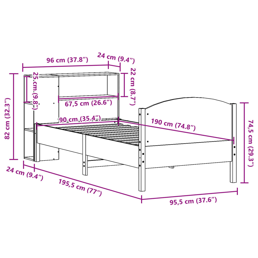 vidaXL Cama con estantería sin colchón madera maciza marrón 90x190 cm