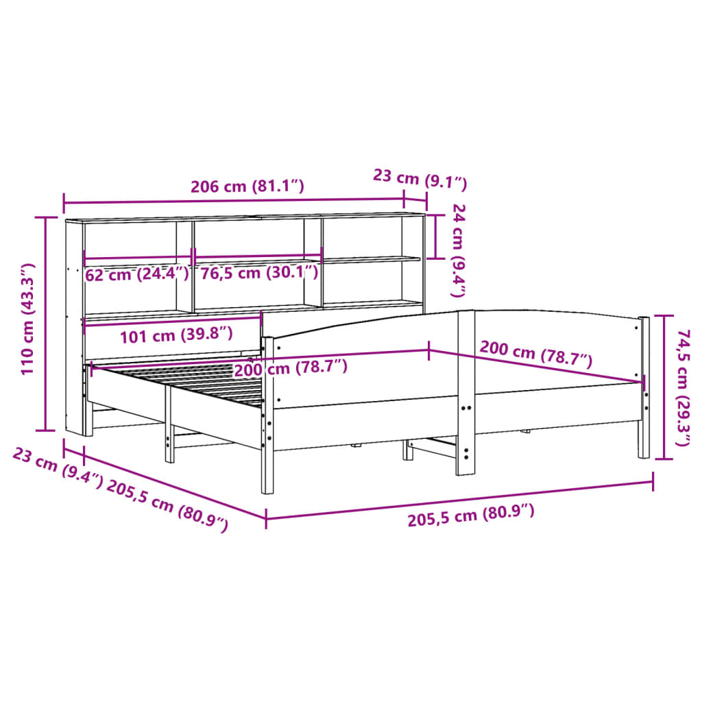 vidaXL Cama con estantería sin colchón madera maciza de pino 200x200cm