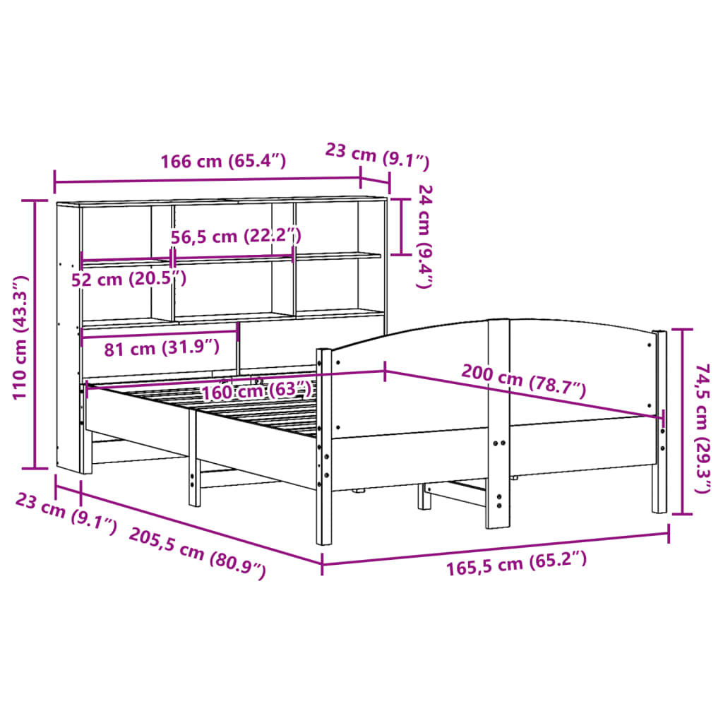 vidaXL Cama con estantería sin colchón madera maciza blanca 160x200 cm