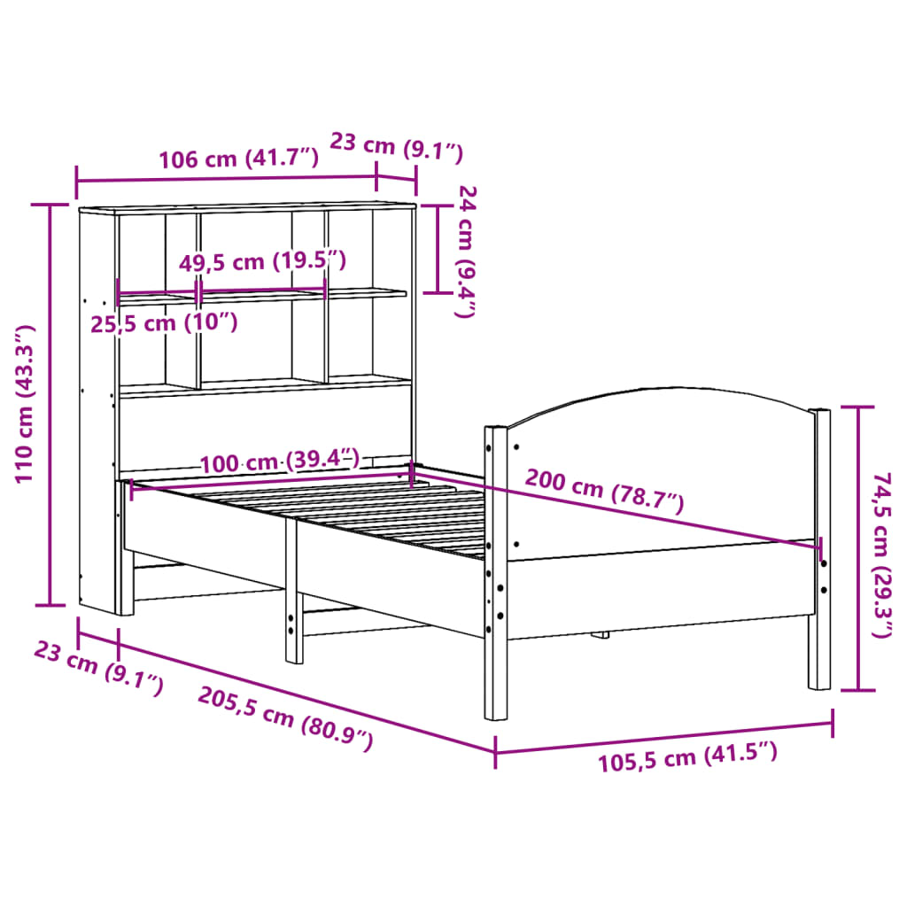 vidaXL Cama con estantería sin colchón madera maciza de pino 100x200cm