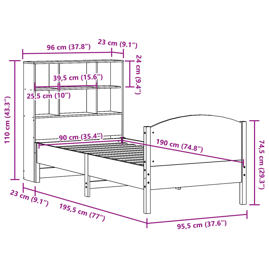 vidaXL Cama con estantería sin colchón madera maciza marrón 90x190 cm