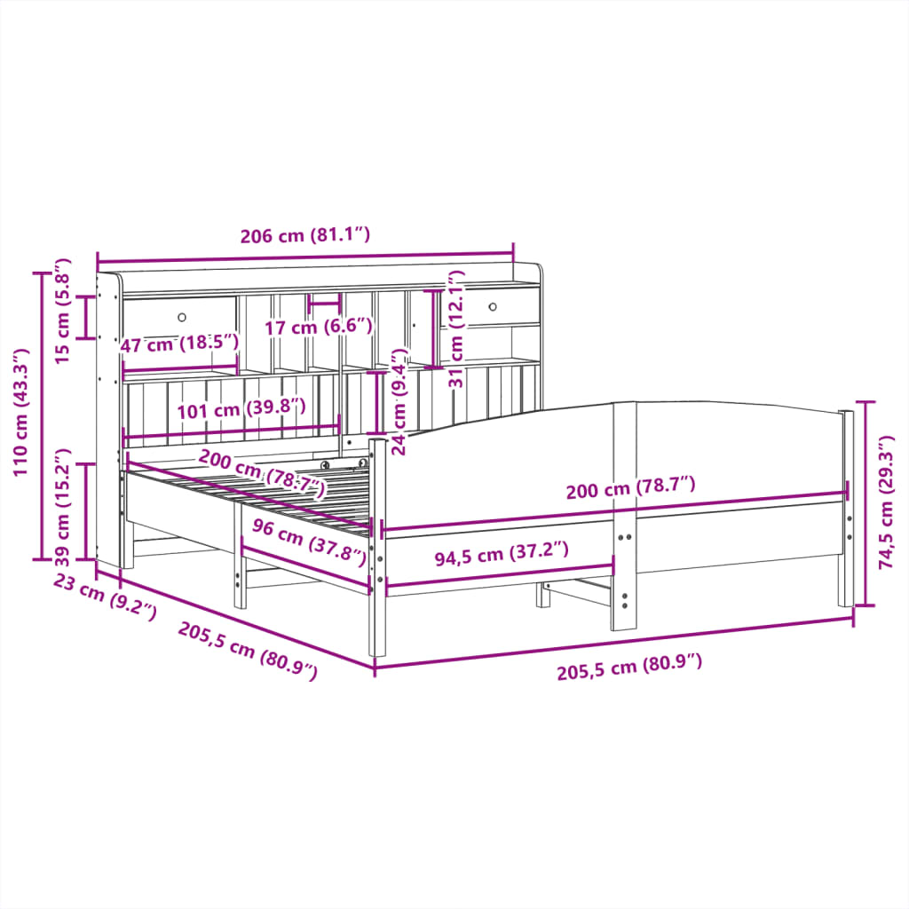 vidaXL Cama con estantería sin colchón madera maciza de pino 200x200cm