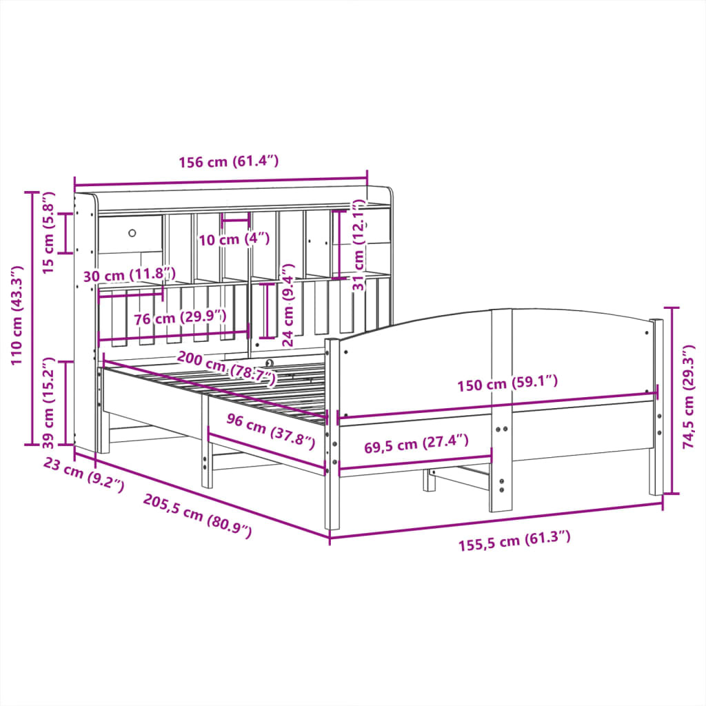 vidaXL Cama con estantería sin colchón madera maciza blanca 150x200 cm