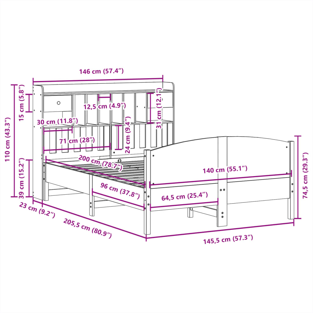 vidaXL Cama con estantería sin colchón madera maciza de pino 140x200cm