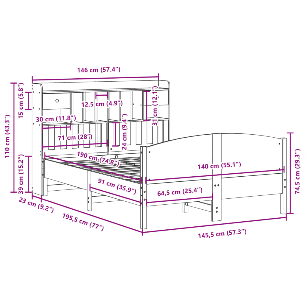 vidaXL Cama con estantería sin colchón madera maciza blanca 140x190 cm