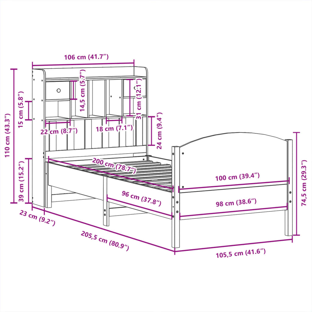 vidaXL Cama con estantería sin colchón madera maciza blanca 100x200 cm