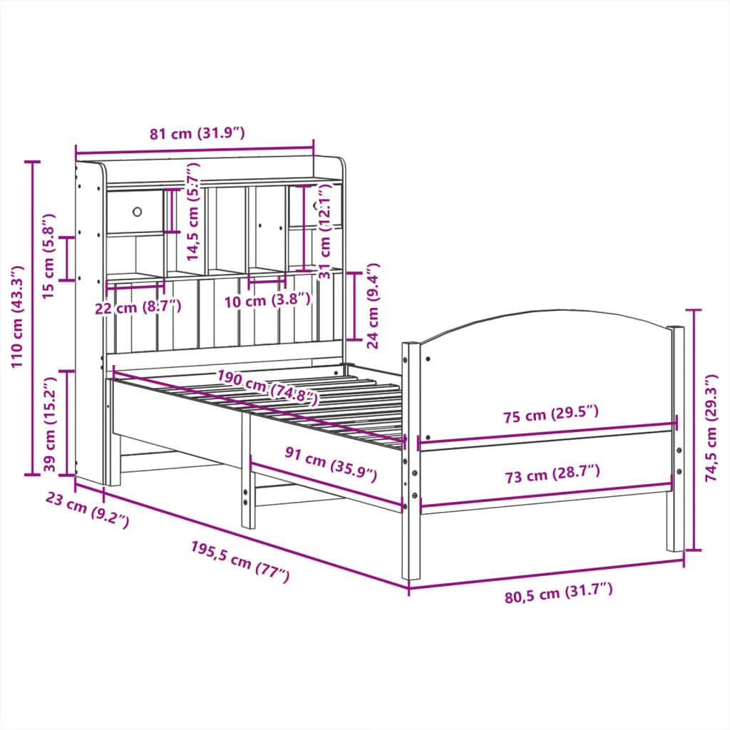 vidaXL Cama con estantería sin colchón madera maciza de pino 75x190 cm