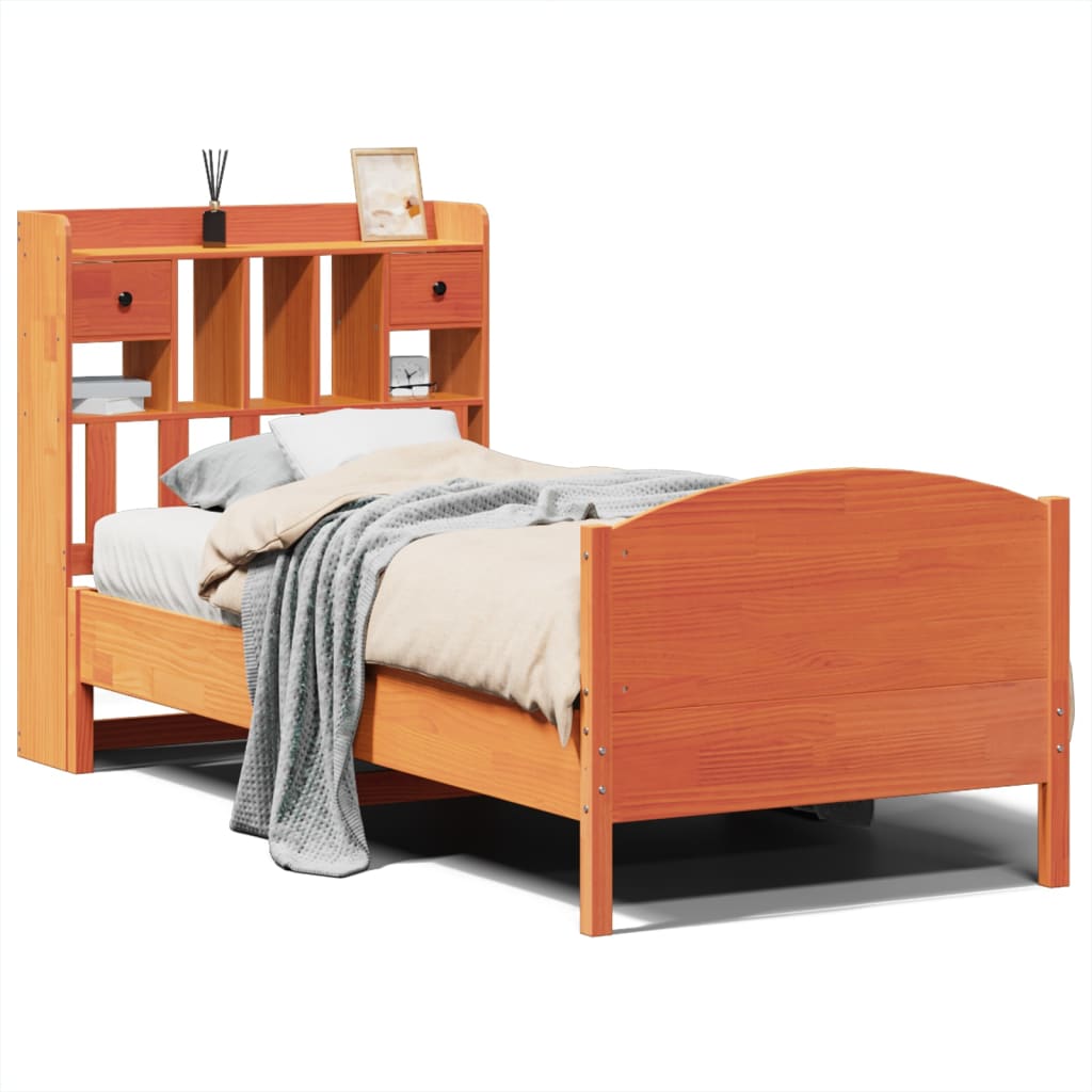 vidaXL Cama con estantería sin colchón madera maciza marrón 75x190 cm