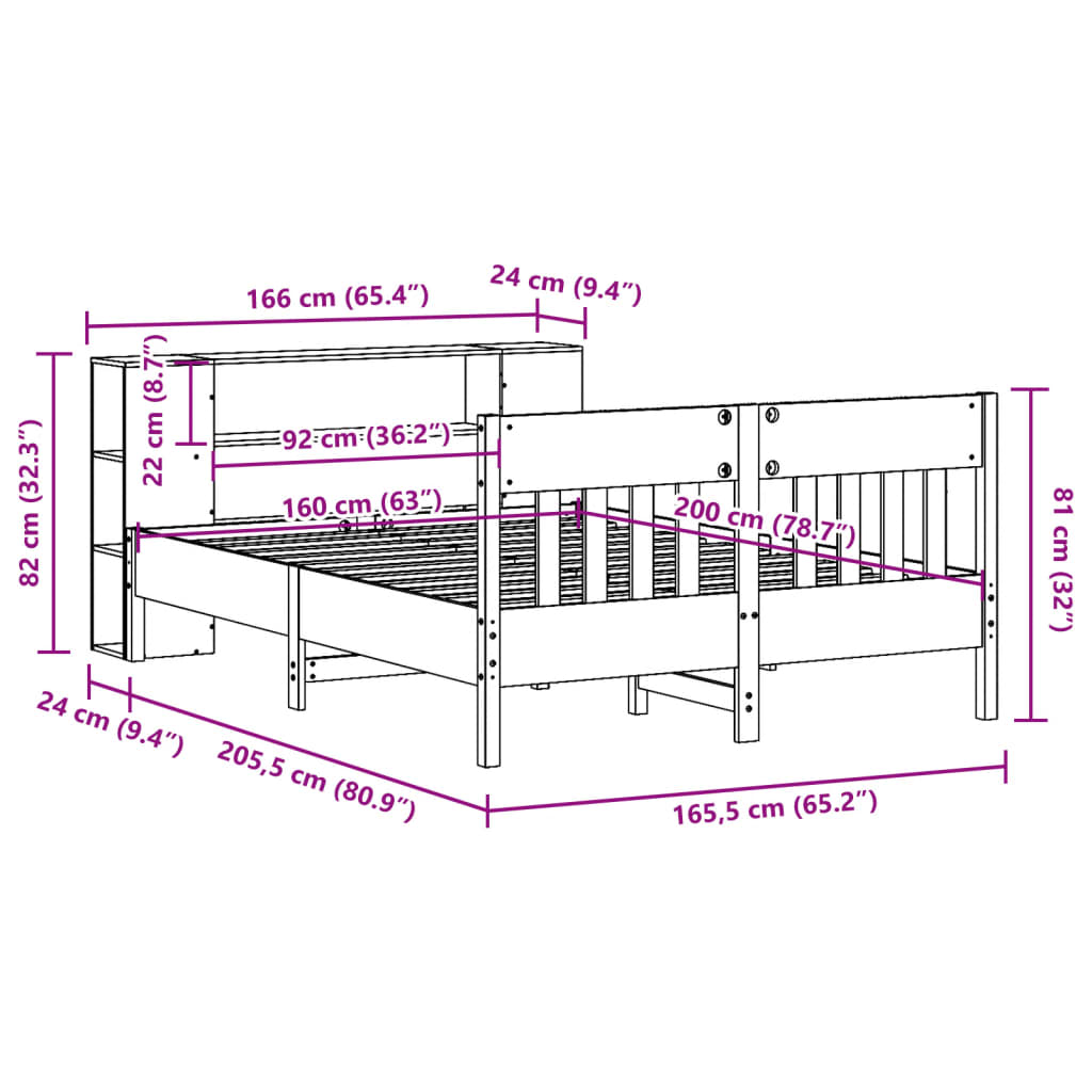 vidaXL Cama con estantería sin colchón madera maciza marrón 160x200 cm