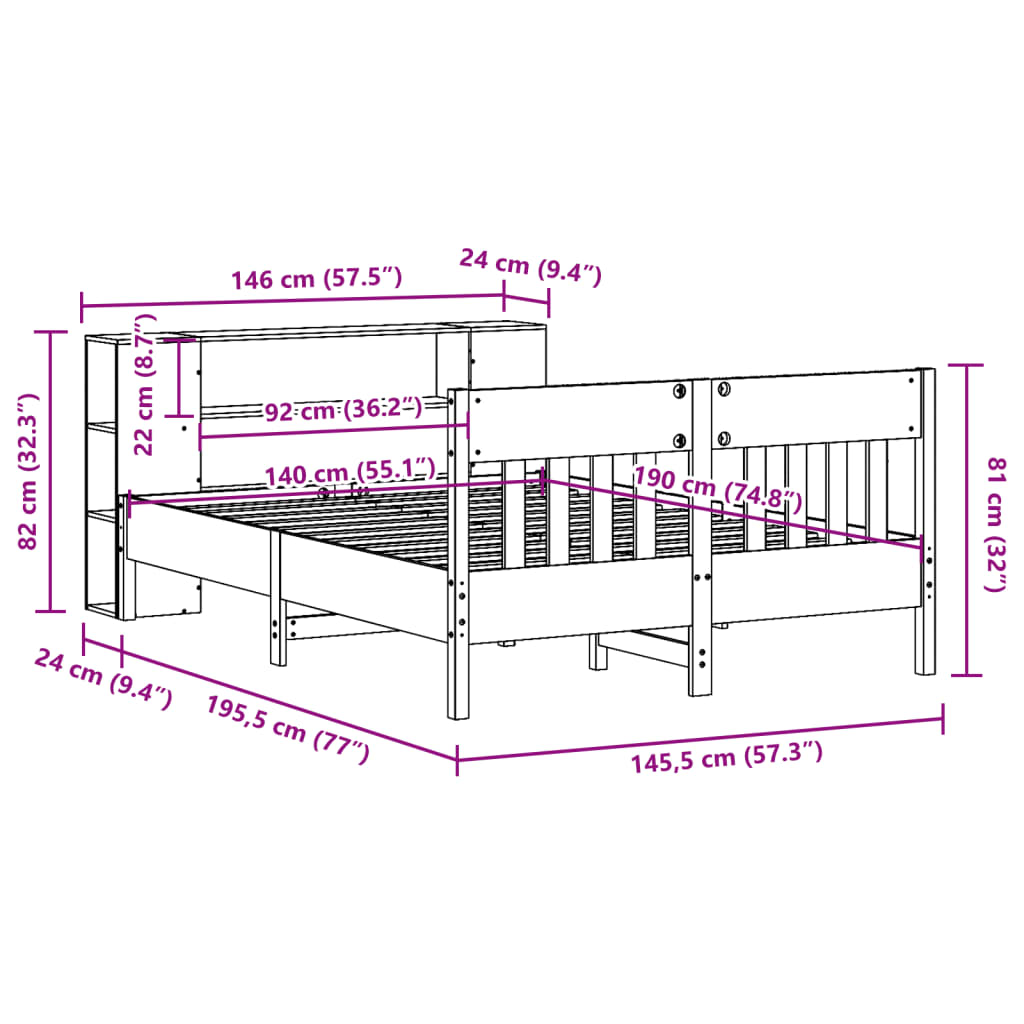 vidaXL Cama con estantería sin colchón madera maciza marrón 140x190 cm