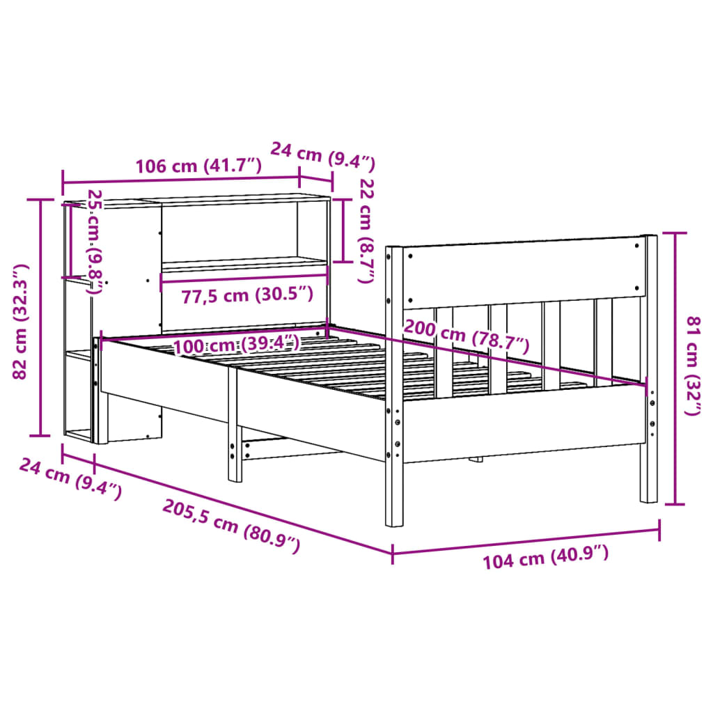 vidaXL Cama con estantería sin colchón madera maciza marrón 100x200 cm