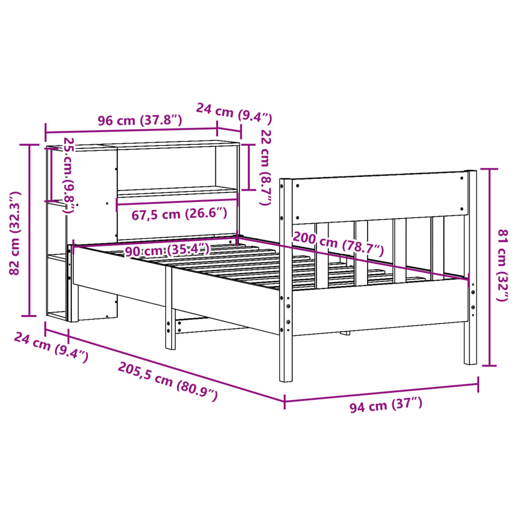 vidaXL Sofá con estantería sin colchón madera maciza marrón 90x200 cm