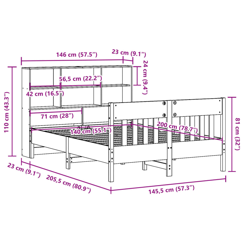 vidaXL Cama sin colchón madera maciza de pino marrón cera 140x200 cm