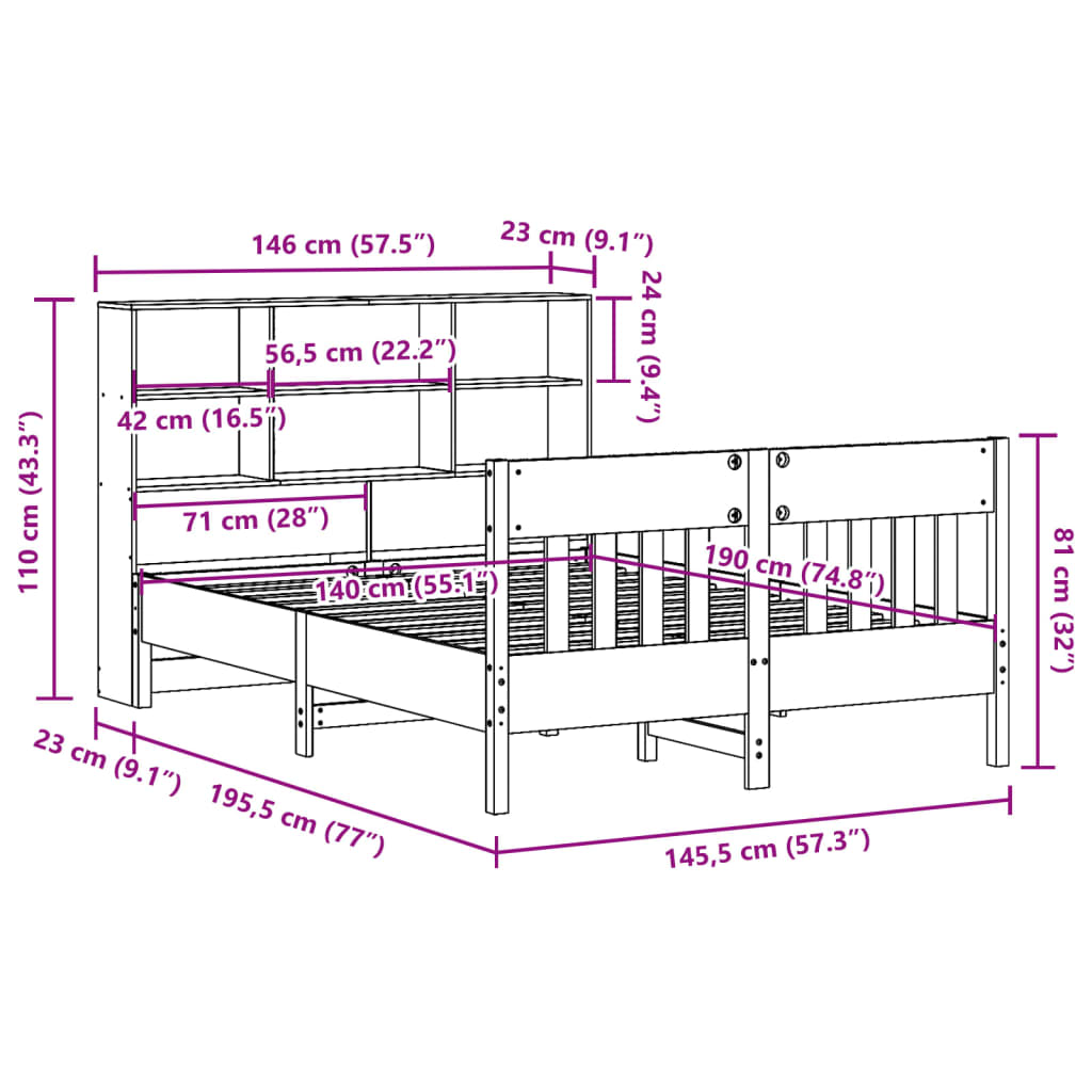 vidaXL Cama sin colchón madera maciza de pino marrón cera 140x190 cm