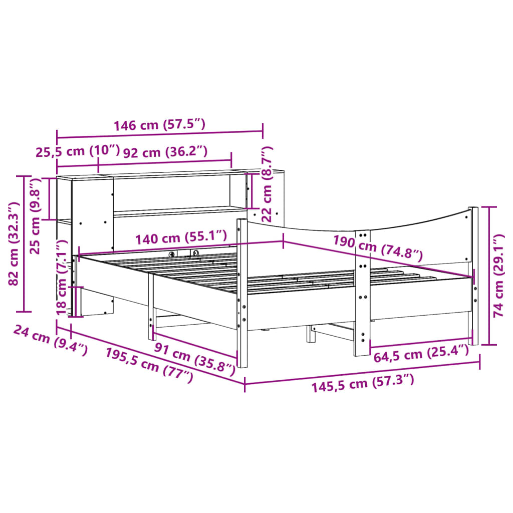 vidaXL Cama sin colchón madera maciza de pino marrón cera 140x190 cm