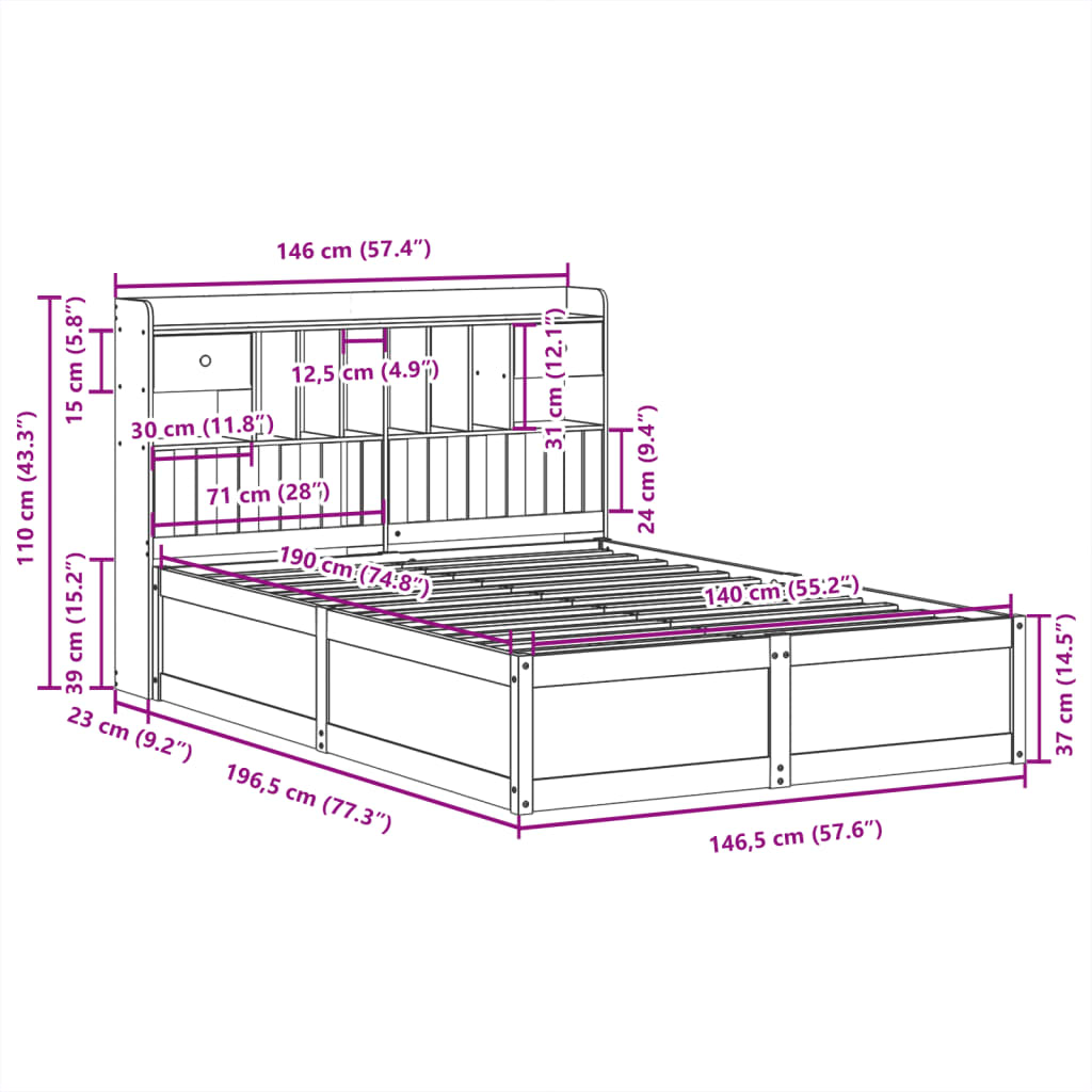 vidaXL Cama sin colchón madera maciza de pino marrón cera 140x190 cm