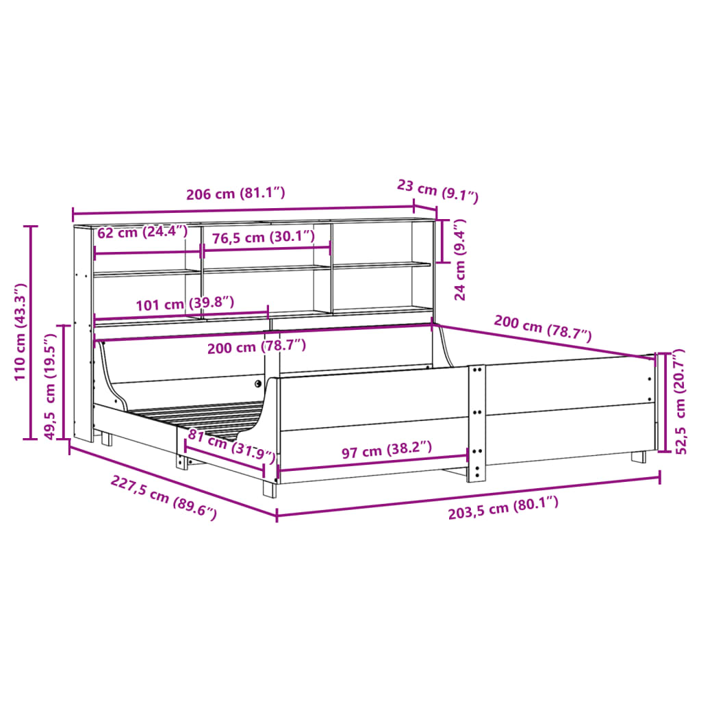 vidaXL Cama con estantería sin colchón madera maciza 200x200 cm