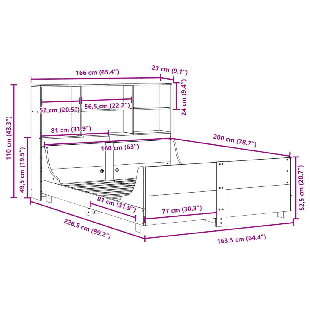 vidaXL Cama con estantería sin colchón madera maciza blanca 160x200 cm